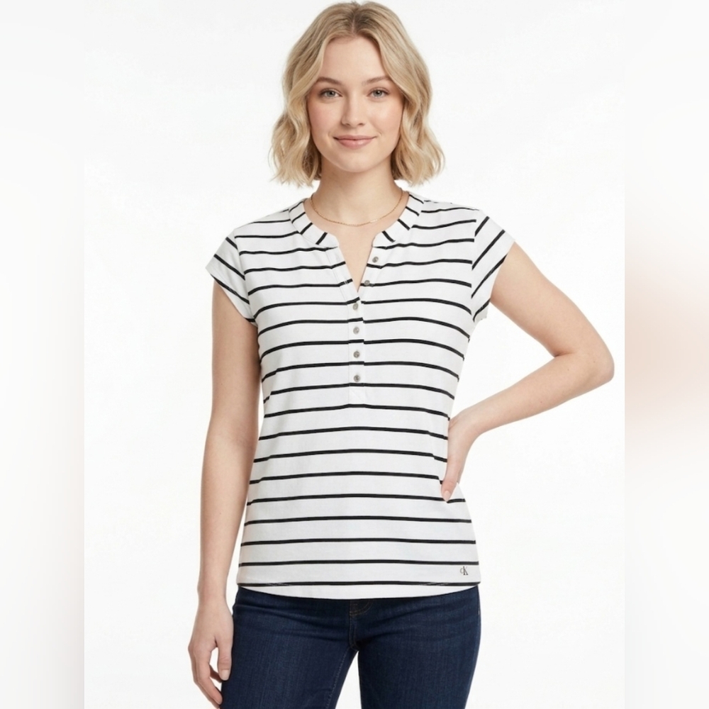🖤 Calvin Klein Striped Henley Cap Sleeve Top 🤍